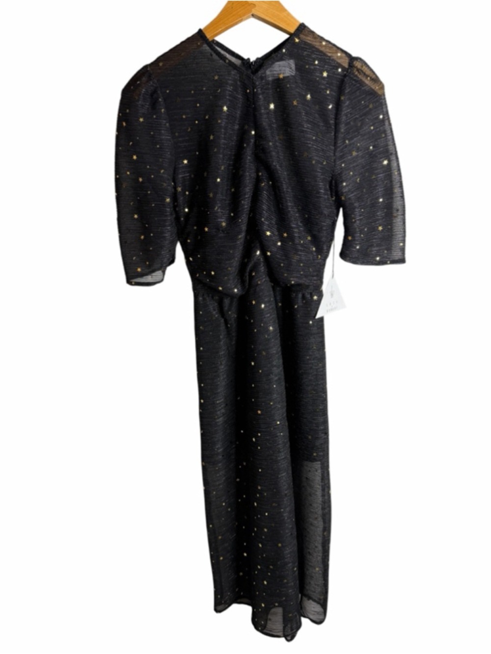 Lost + Wander Black Constellation Midi Dress Small Gold Star Sheer Overlay Boho